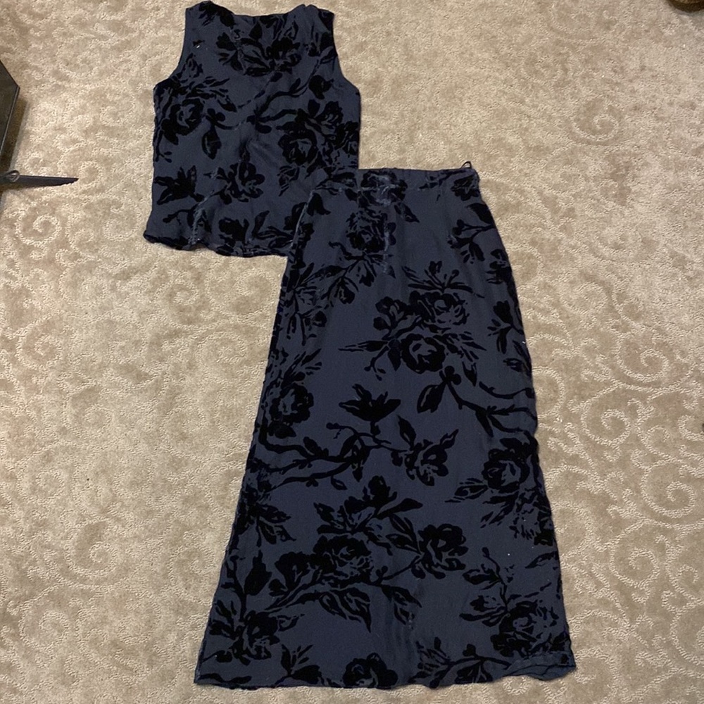 Dana Buchman Sheer black blouse and skirt with raised velvet floral.